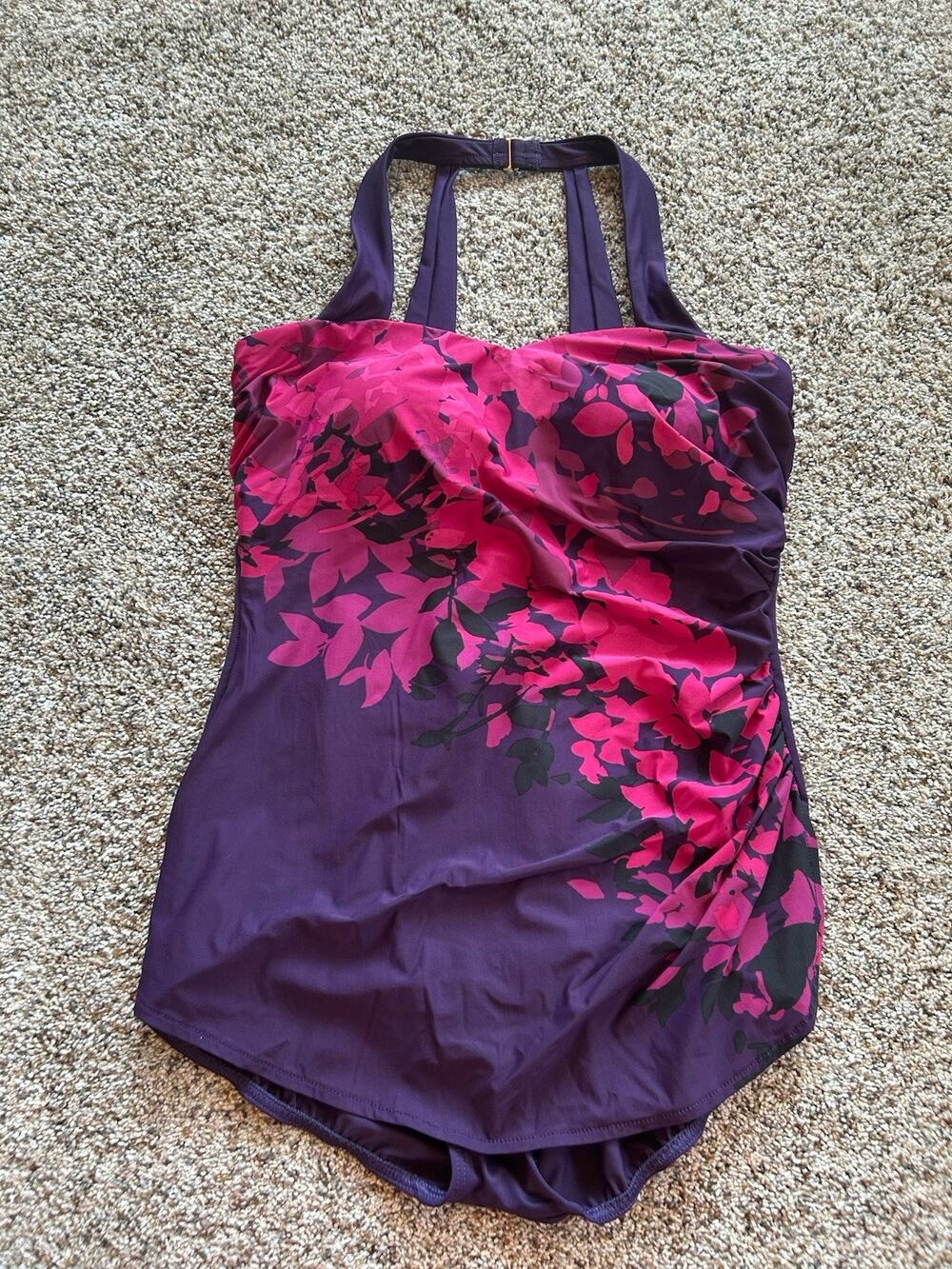 Lands End 14 Swim Suit Ruched 1-piece Skirted Front Floral Purple Pink H26